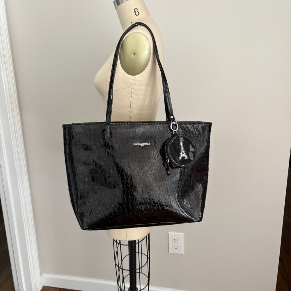 Karl Lagerfeld Paris Logo Tote Coin Purse Black Patent Leather Parisian Chic